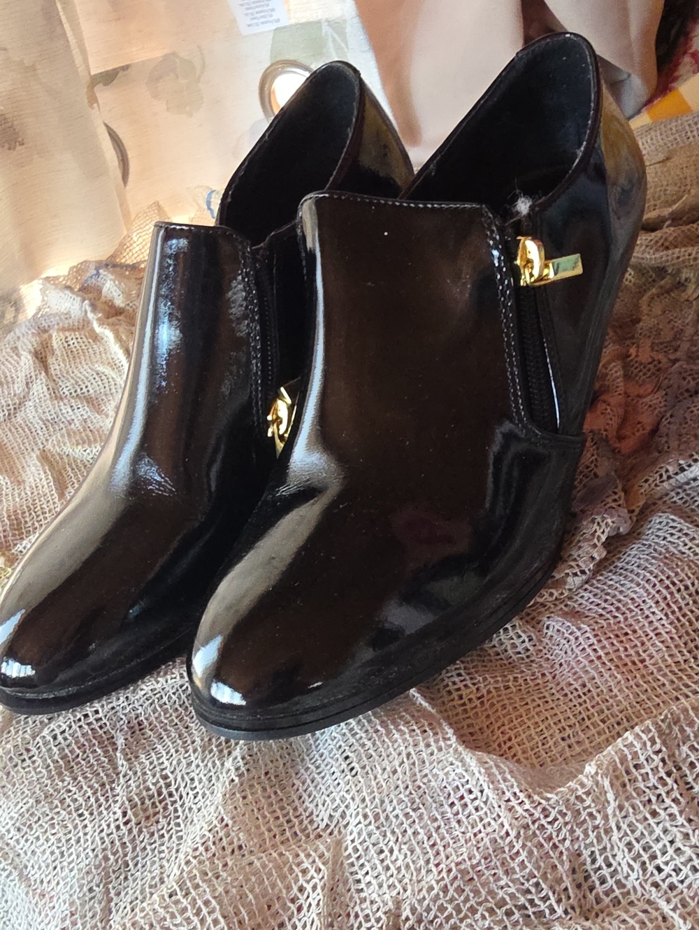 Aj Valenci Black Patent Ankle Booties with Gold Accents